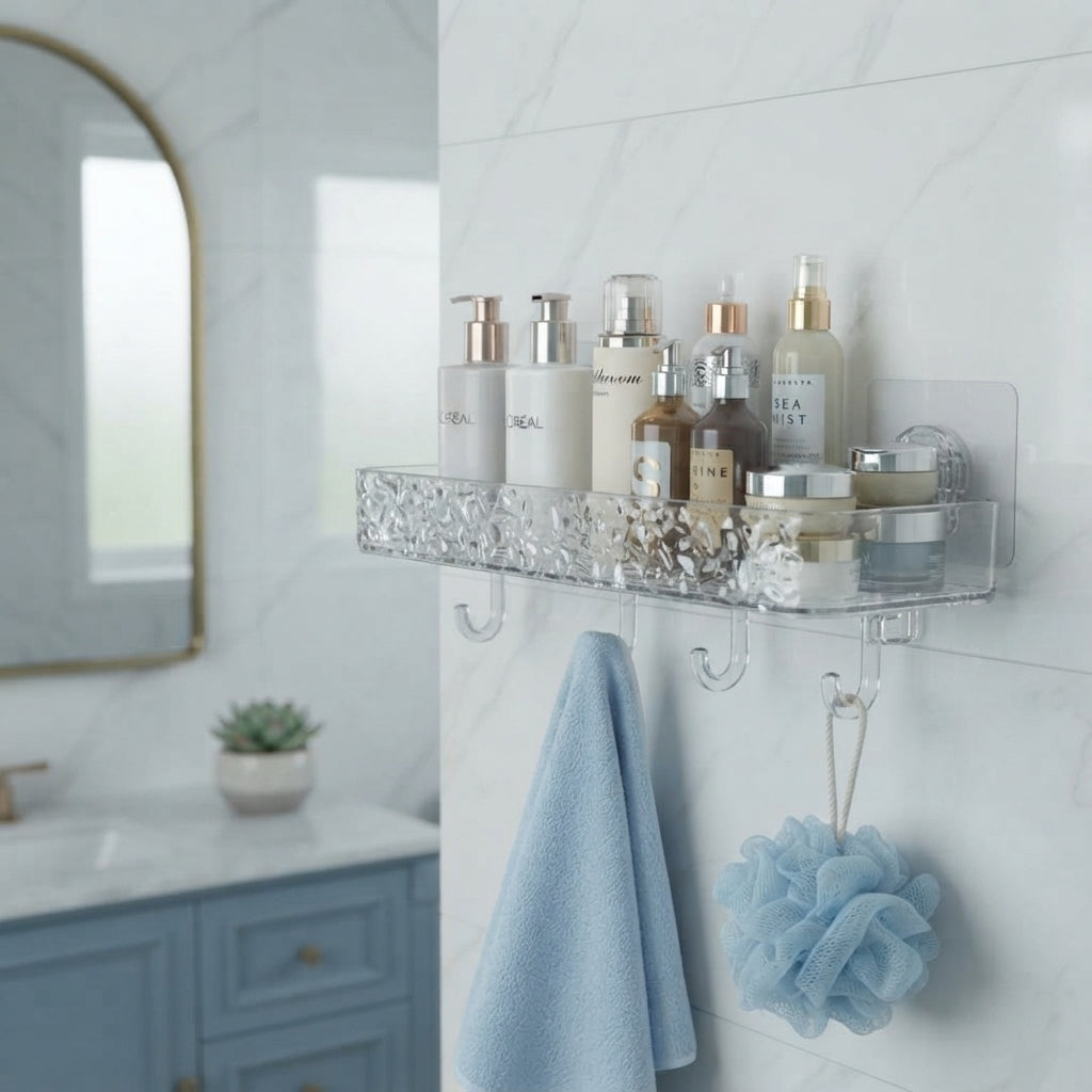 A transparent acrylic bathroom shelf mounted on white tiles in a modern bathroom, holding various skincare bottles.