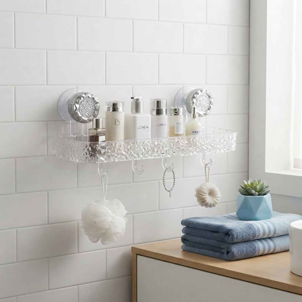 Transparent acrylic bathroom shelf mounted on white tiles holding heavy shampoo bottles in a modern apartment bathroom.