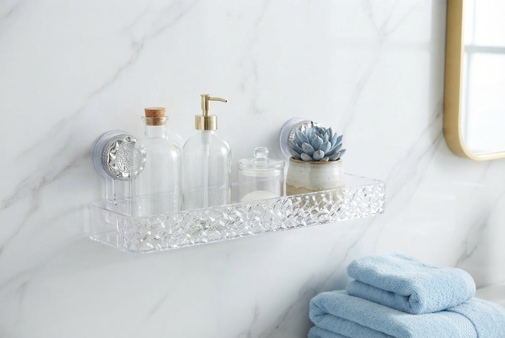 Transparent acrylic bathroom shelf mounted on a white marble wall with glass jars and a small plant, set in a bright bathroom
